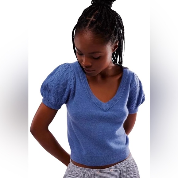 Free People Shirt Womens Annabel 100% Cashmere V Neck Indigo Blue Size Small - Picture 2 of 10